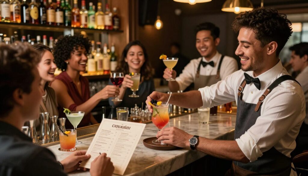A lively bar scene depicting a diverse group of bartenders engaging with customers in a warm and inviting atmosphere. In the foreground, a friendly bartender in smart casual attire serves a colorful cocktail, showcasing skill and charisma. In the middle ground, customers are enjoying drinks, some laughing and toasting, while others examine the bar menu, featuring various cocktail specials. The background reveals a well-designed bar, stocked with a variety of bottles, and ambient lighting that creates a cozy vibe. Soft golden light accentuates the scene, casting gentle shadows and highlighting the bartenders' attentive expressions. The overall mood is energetic yet welcoming, conveying the additional benefits of working behind the bar, such as social interaction and a vibrant work environment.