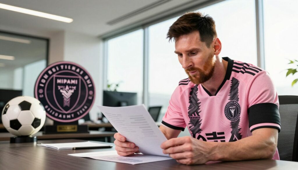 A lively scene depicting Lionel Messi in a professional setting, representing his time at Inter Miami. In the foreground, Messi is shown in a tailored Inter Miami jersey, with a focused expression as he reviews a financial report, highlighting his earnings. The middle ground features soccer memorabilia and a glossy team logo, symbolizing his significant impact on the club's brand. The background showcases a modern sports office with large windows allowing natural light to flood the space, creating a bright and optimistic atmosphere. The image is captured from a low angle, emphasizing Messi's stature and success, with soft sunlight filtering in, adding a warm glow to the scene. This composition reflects the essence of Messi's lucrative contracts and his career in Miami.