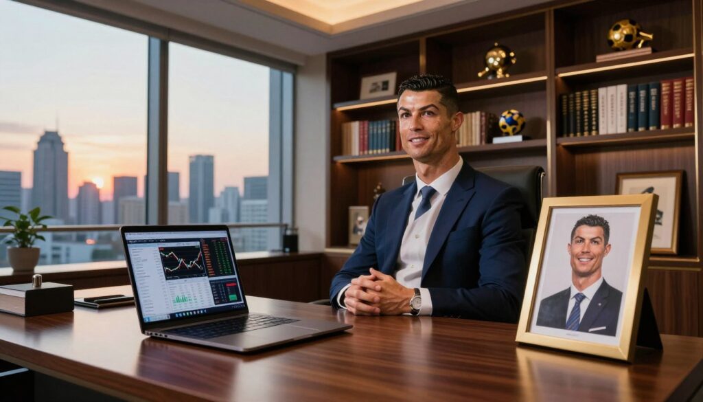 A luxurious office space illustrating Cristiano Ronaldo's net worth and investments. In the foreground, a polished wooden desk with a sleek laptop displaying financial graphs and investment portfolios. A framed photo of Ronaldo in suitable business attire, smiling confidently. In the middle, a large bookshelf filled with business books and sports memorabilia, signifying his achievements beyond football. The background features a panoramic window showcasing a vibrant city skyline at sunset, casting warm light into the room. The atmosphere is elegant and ambitious, reflecting success, with soft lighting that highlights the details and textures of the office decor. The camera angle is slightly elevated, providing a comprehensive view of the setting that exudes professionalism and financial acumen.