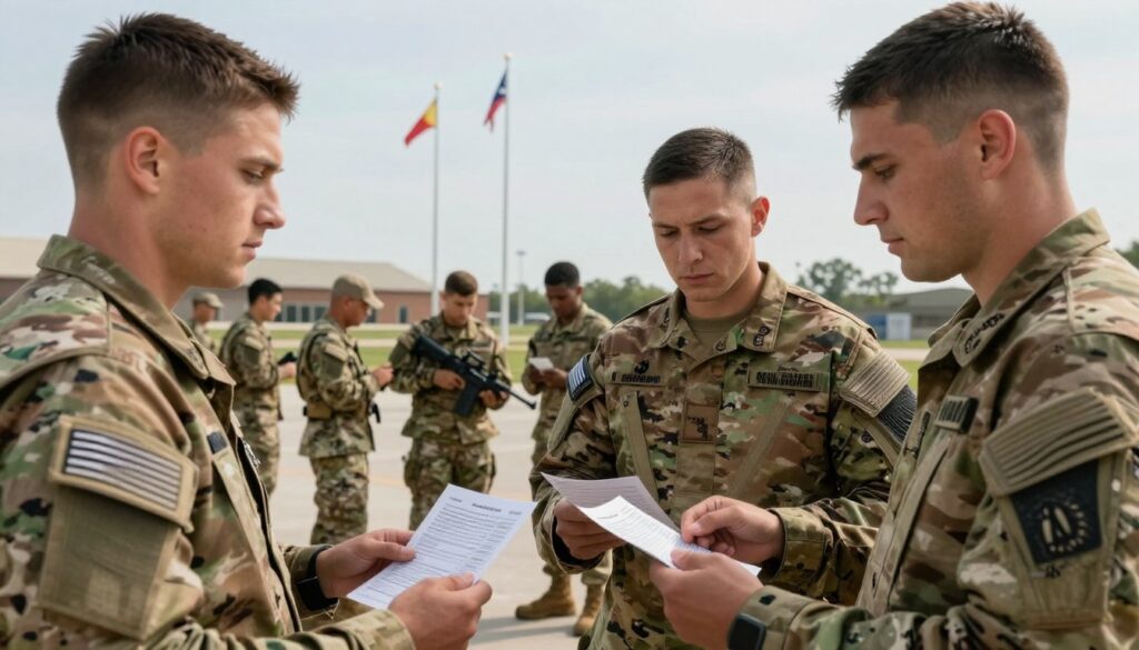 A meaningful scene depicting the differences in soldiers' salaries, highlighting variations based on military units and types of service. In the foreground, two soldiers in professional military attire stand together discussing their pay slips, one from a specialized unit with advanced gear, the other in standard military uniform. In the middle ground, a diverse group of soldiers representing different branches, such as Army, Navy, and Air Force, engaged in various activities that hint at their roles, like training or strategizing. The background features a military base with clear skies and flagpoles, symbolizing unity. Soft lighting creates a calm yet serious atmosphere, with a focus on the soldiers' expressions reflecting their thoughts on earnings and benefits. The angle captures a sense of camaraderie. No text or watermarks present. A meaningful scene depicting the differences in soldiers' salaries, highlighting variations based on military units and types of service. In the foreground, two soldiers in professional military attire stand together discussing their pay slips, one from a specialized unit with advanced gear, the other in standard military uniform. In the middle ground, a diverse group of soldiers representing different branches, such as Army, Navy, and Air Force, engaged in various activities that hint at their roles, like training or strategizing. The background features a military base with clear skies and flagpoles, symbolizing unity. Soft lighting creates a calm yet serious atmosphere, with a focus on the soldiers' expressions reflecting their thoughts on earnings and benefits. The angle captures a sense of camaraderie. No text or watermarks present.
