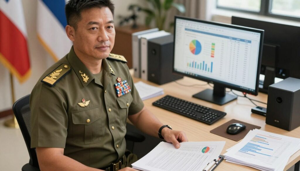 A military officer in a professional business attire standing confidently at a desk covered with documents and charts detailing salary structures. In the foreground, emphasize the officer’s uniform, showcasing medals and insignia, with a focused expression. In the middle ground, include a well-organized workspace featuring a computer displaying graphs and numerical data related to basic salary mechanisms in the army. The background should depict a subtle military office environment, with flags and military paraphernalia giving context. Use warm, natural lighting to create a serious yet optimistic atmosphere, capturing the dedication and professionalism of military personnel. The angle should be slightly tilted from above, highlighting the desk and the officer's engaged presence, ensuring a clear, informative aesthetic.