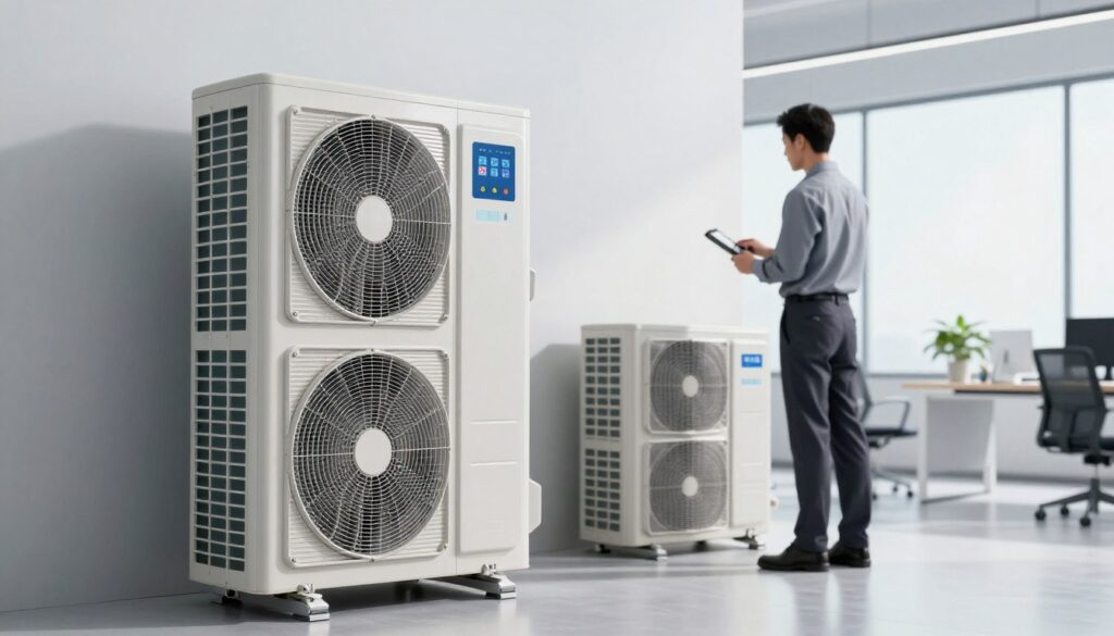 A modern HVAC system displayed in a sleek, well-lit office environment. In the foreground, showcase a state-of-the-art air conditioning unit with intricate details, emphasizing metal textures and digital control panels. In the middle ground, depict a professional technician wearing business attire, inspecting the unit with tools in hand, exuding expertise and focus. The background features a bright, airy room with large windows allowing natural light to flood in, highlighting a clean, minimalist design. Soft shadows create depth, and the atmosphere conveys efficiency and innovation in climate control technology. The overall mood is professional and modern, suggesting the importance of HVAC systems in contemporary workplaces.