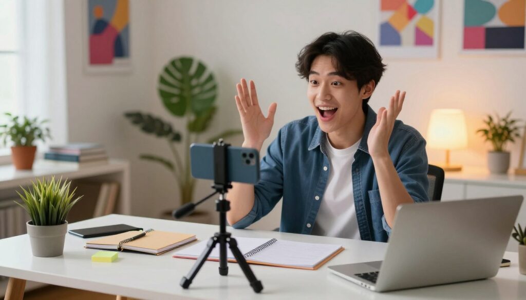 A modern TikTok creator in a vibrant, creative workspace, exuding enthusiasm and energy. The creator, a young adult dressed in trendy yet professional attire, is engaged in video recording with a smartphone on a tripod. In the foreground, focus on the creator's expressive face, framed by colorful lighting and an array of video equipment. The mid-ground showcases a clean desk cluttered with notepads and a laptop, symbolizing organization and productivity. The background features a bright and inviting room with posters and plants, creating a dynamic atmosphere. Use soft, natural lighting for a warm glow that enhances the creator's charisma. Capture the scene from a slightly elevated angle to convey an engaging and motivational mood, emphasizing the creativity and dedication behind TikTok content creation. A modern TikTok creator in a vibrant, creative workspace, exuding enthusiasm and energy. The creator, a young adult dressed in trendy yet professional attire, is engaged in video recording with a smartphone on a tripod. In the foreground, focus on the creator's expressive face, framed by colorful lighting and an array of video equipment. The mid-ground showcases a clean desk cluttered with notepads and a laptop, symbolizing organization and productivity. The background features a bright and inviting room with posters and plants, creating a dynamic atmosphere. Use soft, natural lighting for a warm glow that enhances the creator's charisma. Capture the scene from a slightly elevated angle to convey an engaging and motivational mood, emphasizing the creativity and dedication behind TikTok content creation.