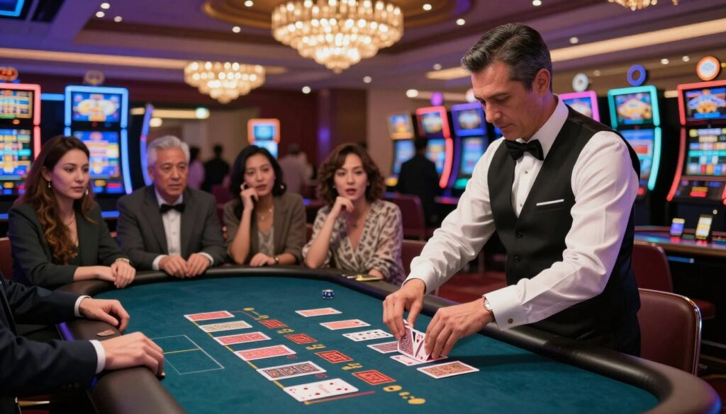A modern casino scene featuring a stylishly dressed dealer at a vibrant gaming table. The foreground displays the dealer, a middle-aged individual in a professional black vest and white shirt, focused on shuffling cards with precision. In the middle ground, guests are intently watching the game, showcasing a diverse group of players, all expressing excitement and anticipation. The background reveals eye-catching casino decor, including illuminated slot machines and lavish chandeliers casting soft light. The atmosphere is lively and vibrant, with dynamic lighting creating reflections on polished surfaces. A wide-angle view captures the bustling energy of the casino while highlighting the dealer's expertise and role in the gaming environment.