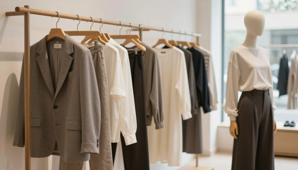 A modern clothing brand philosophy illustrated through a thoughtfully curated display of diverse apparel. In the foreground, showcase a stylish mannequin dressed in elegant, minimalist clothing that emphasizes sustainability and contemporary design. The middle ground features a variety of clothing items hanging on sleek wooden racks, including tailored jackets, organic cotton t-shirts, and flowing dresses. The background depicts a bright, airy boutique with soft natural lighting streaming in through large windows, highlighting the textures of fabrics. Use a shallow depth of field to softly blur the background, focusing on the clothing. The overall atmosphere should convey a sense of calm sophistication and ethical fashion, reflecting the brand's commitment to sustainable practices and timeless style. The angle should be slightly elevated, capturing the essence of a high-end retail environment.