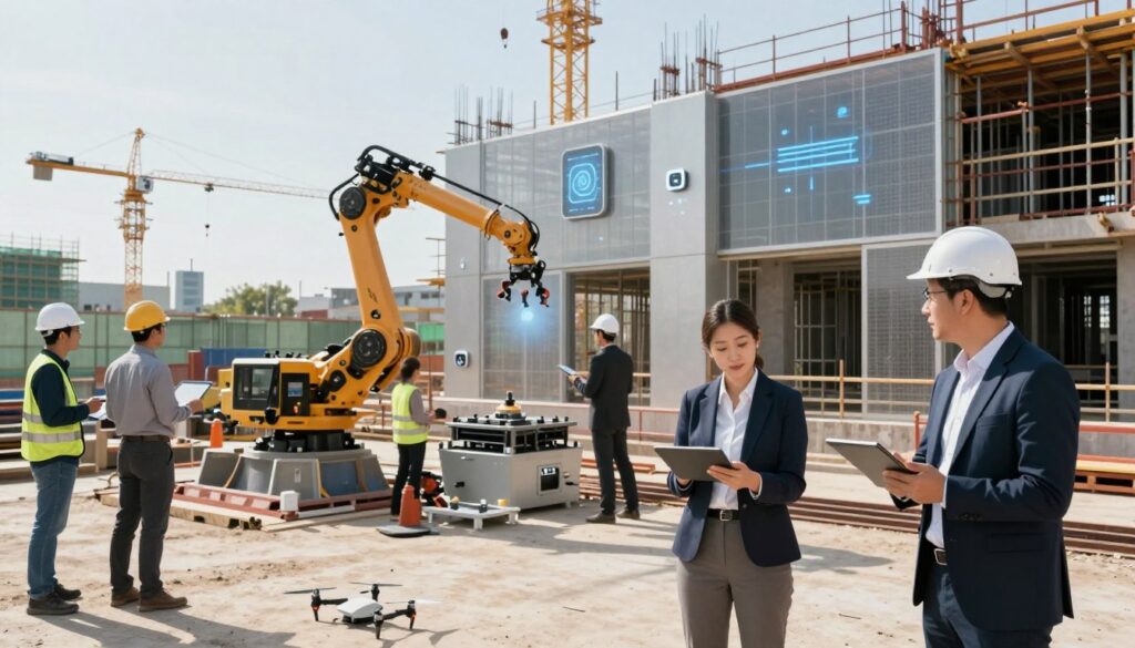 A modern construction site bustling with activity, showcasing advanced technologies. In the foreground, a diverse group of workers in professional business attire use tablets and drones to monitor progress, while in the middle, a robotic arm is assembling components of a building. The background features a partially completed structure integrated with smart sensors and 3D printing technology. The site is illuminated by natural sunlight, casting dynamic shadows, and there are cranes and scaffolding in the distance. The atmosphere is energetic and innovative, reflecting a sleek, high-tech environment that emphasizes efficiency and collaboration in modern construction practices. The angle captures both the action and the contemporary design, encapsulating the cutting-edge nature of the industry.
