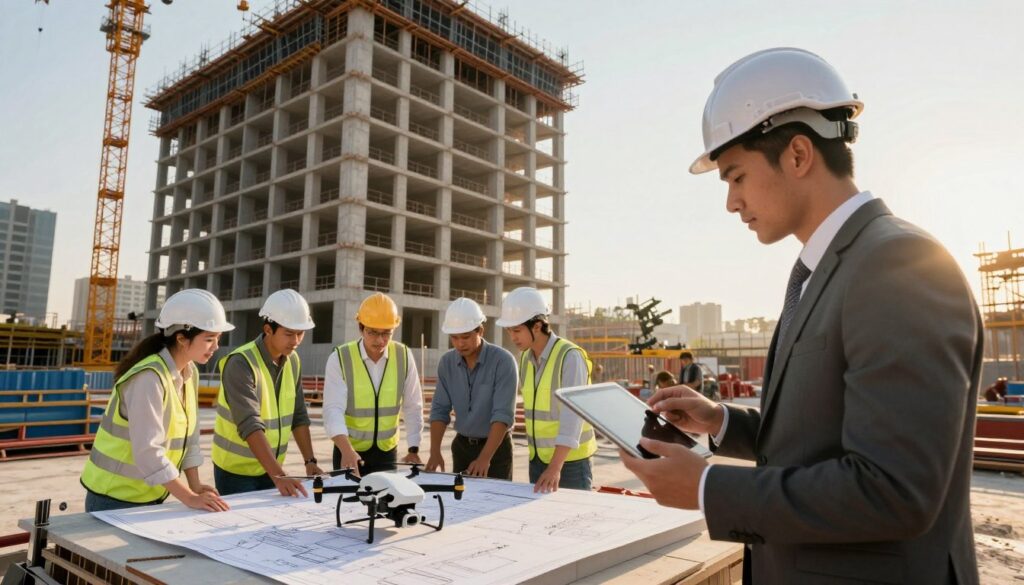 A modern construction site showcasing advanced technology in civil engineering. In the foreground, an architect in professional business attire is reviewing blueprints on a digital tablet. In the middle, a group of diverse engineers collaborates around a drone and 3D printed construction models, highlighting innovation and teamwork. In the background, a high-rise building is under construction with cranes and smart machinery, demonstrating cutting-edge building techniques and sustainable practices. The scene is illuminated by golden hour sunlight, casting dynamic shadows, creating a warm and optimistic mood. The perspective is slightly low-angle, emphasizing the impressive structures and the progressive nature of the construction industry. The overall atmosphere conveys the theme of challenges and future career prospects in the field of construction engineering.