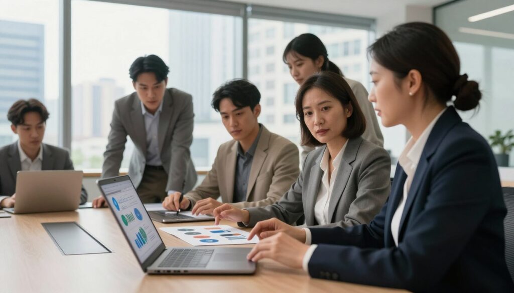 A modern corporate office environment featuring a diverse group of professionals gathered around a large conference table. In the foreground, a mid-aged woman in a smart business suit discusses a presentation on her laptop, with graphs and infographics visible on the screen. In the middle, a young man and a woman, both in business casual attire, are examining product samples spread out on the table, showcasing innovative designs. The background reveals large windows with a view of a bustling city skyline, bathed in warm natural light. The overall atmosphere should be professional and collaborative, emphasizing teamwork and innovation. The image should be shot with a subtle depth of field to focus on the subjects, capturing a moment of engagement in a business discussion. A modern corporate office environment featuring a diverse group of professionals gathered around a large conference table. In the foreground, a mid-aged woman in a smart business suit discusses a presentation on her laptop, with graphs and infographics visible on the screen. In the middle, a young man and a woman, both in business casual attire, are examining product samples spread out on the table, showcasing innovative designs. The background reveals large windows with a view of a bustling city skyline, bathed in warm natural light. The overall atmosphere should be professional and collaborative, emphasizing teamwork and innovation. The image should be shot with a subtle depth of field to focus on the subjects, capturing a moment of engagement in a business discussion.