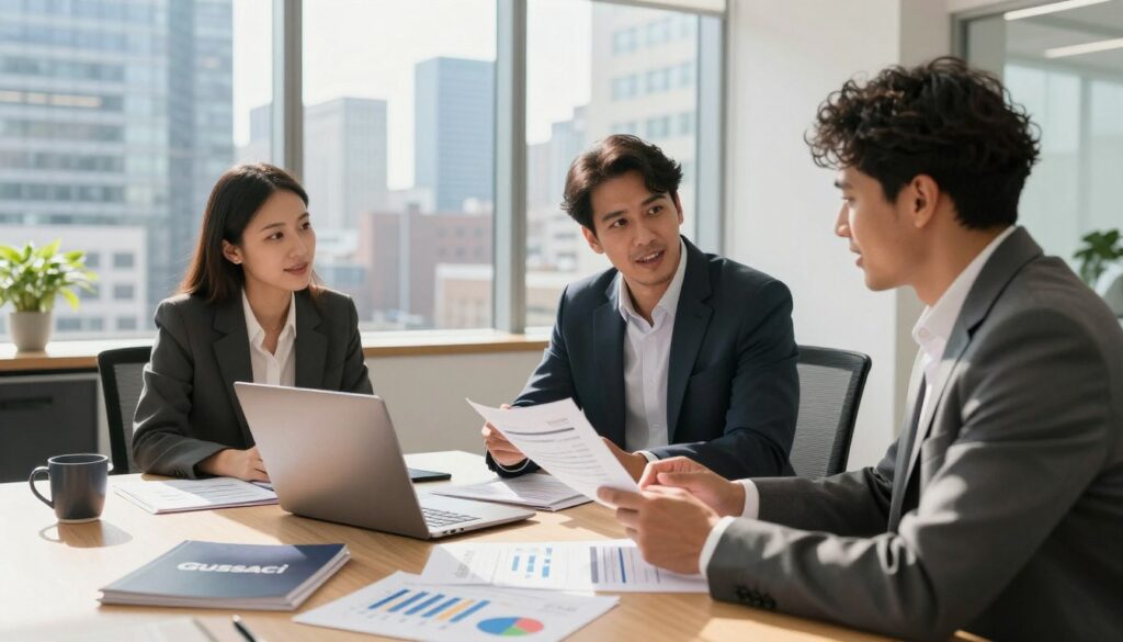 A modern corporate office scene depicting a business meeting between diverse professionals discussing wholesale collaboration opportunities with a fictional brand named Gussaci. In the foreground, a diverse group of three individuals in professional business attire—one woman and two men—are engaged in animated conversation, analyzing documents and a laptop. The middle ground shows a contemporary conference table adorned with branding materials, charts, and coffee mugs. In the background, large windows offer a cityscape view, filled with skyscrapers under natural daylight, creating a bright and optimistic atmosphere. The mood is one of collaboration and innovation, captured with a warm color palette and soft focus on the background for a professional look. High-quality lighting highlights the participants while casting soft shadows for added depth.