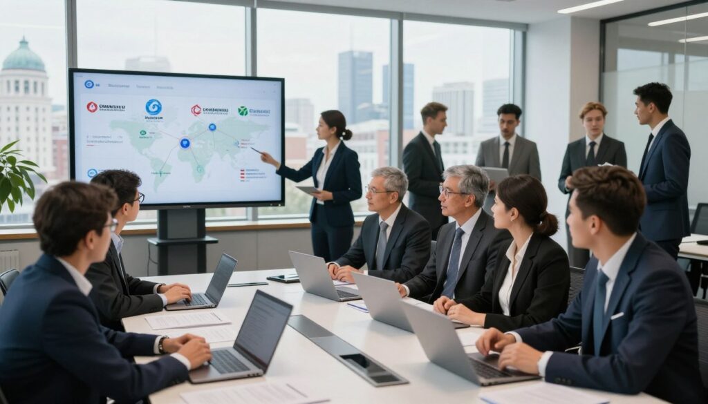A modern corporate office scene showcasing the presence of companies still operating in Russia. In the foreground, a diverse group of professionals in formal business attire are engaged in a discussion around a sleek conference table, with laptops and documents open, illuminated by natural light streaming through large windows. In the middle ground, a digital display shows various corporate logos and maps highlighting business connections, while employees from different backgrounds collaborate actively. The background features an urban skyline with recognizable Russian architectural elements, providing context. The atmosphere is focused yet dynamic, emphasizing the theme of corporate engagement and the importance of staying informed. The lighting is bright and conducive to a productive environment, shot from a slightly elevated angle to capture both the people and the impactful visuals.