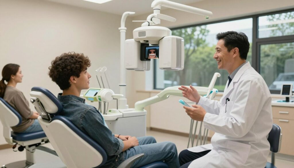 A modern dental clinic interior bustling with activity, featuring diverse patients comfortably seated in stylish dental chairs. In the foreground, a young adult wearing casual, smart attire is discussing treatment options with a friendly, professional orthodontist dressed in a white coat. The middle ground highlights advanced dental technology, including digital X-ray machines and sophisticated scanners, showcasing the investment in cutting-edge equipment. Soft, warm lighting creates an inviting atmosphere, while large windows in the background reveal greenery outside, enhancing the sense of calm. The angle captures the interaction between the patient and orthodontist, emphasizing professionalism and trust in the dental field. The scene conveys a sense of progress and prosperity within the orthodontic practice.
