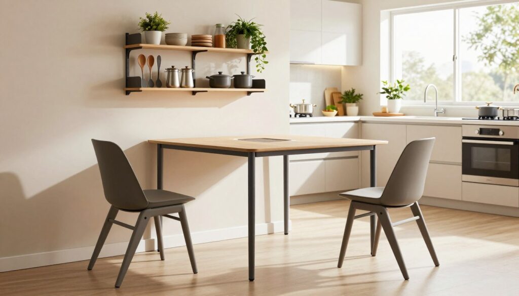 A modern kitchen scene showcasing innovative folding kitchen products designed for space efficiency. In the foreground, highlight a sleek, multifunctional folding table and stackable chairs, all crafted from high-quality materials with a minimalist aesthetic. In the middle, include a wall-mounted, retractable kitchen shelf loaded with stylish cooking utensils and decorative plants to add a touch of greenery. In the background, depict a bright and airy kitchen with large windows, natural light streaming in, and a healthy mix of contemporary appliances. Use a warm color palette to create a welcoming atmosphere, and emphasize soft shadows for depth. The overall mood should be inviting and efficient, representing modern living solutions for a home environment.
