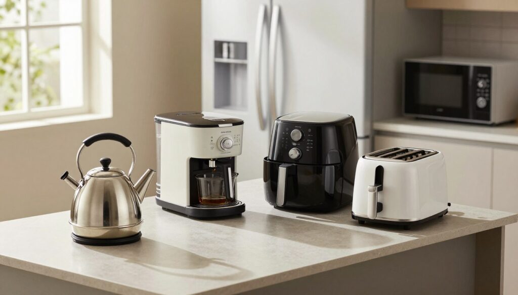A modern kitchen setting featuring a variety of First Austria household appliances neatly arranged on a stylish countertop. In the foreground, a sleek kettle and a compact toaster showcase their elegant design. The middle ground includes a contemporary coffee maker and an air fryer, highlighting the versatility of kitchen gadgets. In the background, a well-stocked refrigerator and a small microwave complement the scene, emphasizing a complete kitchen setup. Soft natural light streams through a nearby window, casting gentle shadows and creating a warm, inviting atmosphere. The overall mood is professional yet homey, ideal for showcasing essential household devices. The image should be shot from a slightly elevated angle to capture all elements harmoniously.