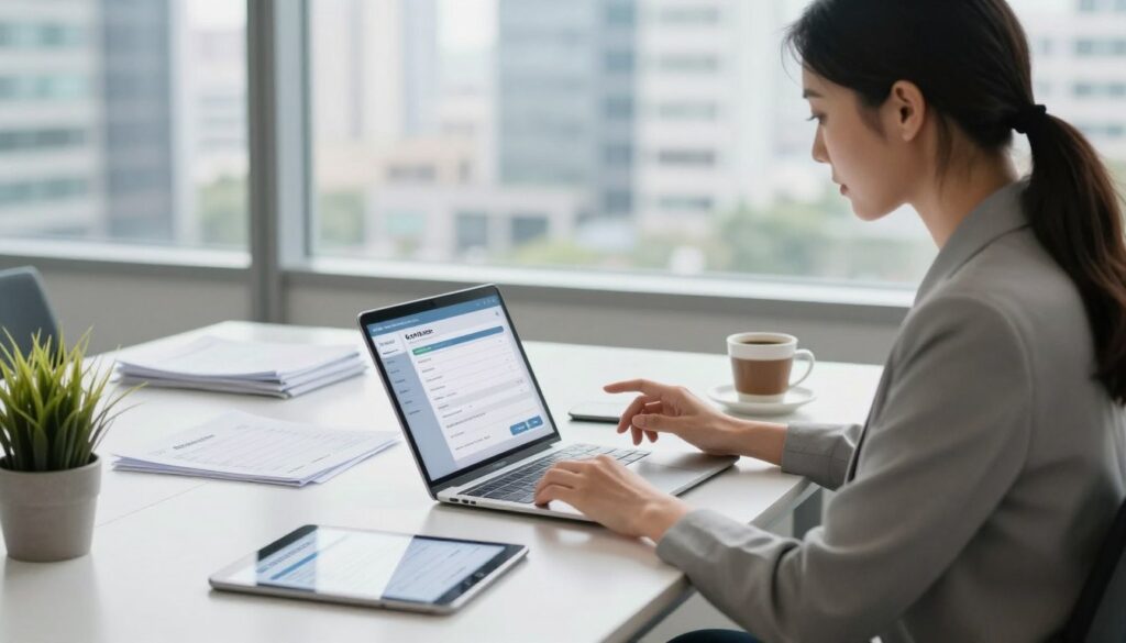 A modern office environment featuring a professional woman in smart casual attire, sitting at a sleek desk with a laptop open, intensely reviewing an online order platform. In the foreground, a glowing tablet shows an order confirmation screen. The middle layer includes a neatly organized workspace with papers, a cup of coffee, and a small potted plant. In the background, a large window reveals a bustling cityscape, with soft, natural light streaming in, creating a bright and inviting atmosphere. The overall mood is one of efficiency and professionalism, emphasizing the streamlined process of order placement and delivery. The image should convey clarity and focus, devoid of any text or watermarks. A modern office environment featuring a professional woman in smart casual attire, sitting at a sleek desk with a laptop open, intensely reviewing an online order platform. In the foreground, a glowing tablet shows an order confirmation screen. The middle layer includes a neatly organized workspace with papers, a cup of coffee, and a small potted plant. In the background, a large window reveals a bustling cityscape, with soft, natural light streaming in, creating a bright and inviting atmosphere. The overall mood is one of efficiency and professionalism, emphasizing the streamlined process of order placement and delivery. The image should convey clarity and focus, devoid of any text or watermarks.