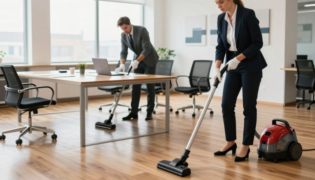 A modern office environment showcasing a team of professional cleaners diligently working in a corporate setting. In the foreground, a person in smart business attire is using a vacuum cleaner on a polished hardwood floor, highlighting their focused expression. In the middle ground, a second cleaner is dusting a conference table adorned with sleek laptops and stationery, encapsulating a sense of professionalism. The background features large windows letting in bright, natural light that illuminates the space, creating an inviting atmosphere. The walls are decorated with contemporary artwork, enhancing the modern vibe. Capture this scene from a slightly elevated angle for depth, ensuring the mood is industrious yet serene, emphasizing cleanliness and order.