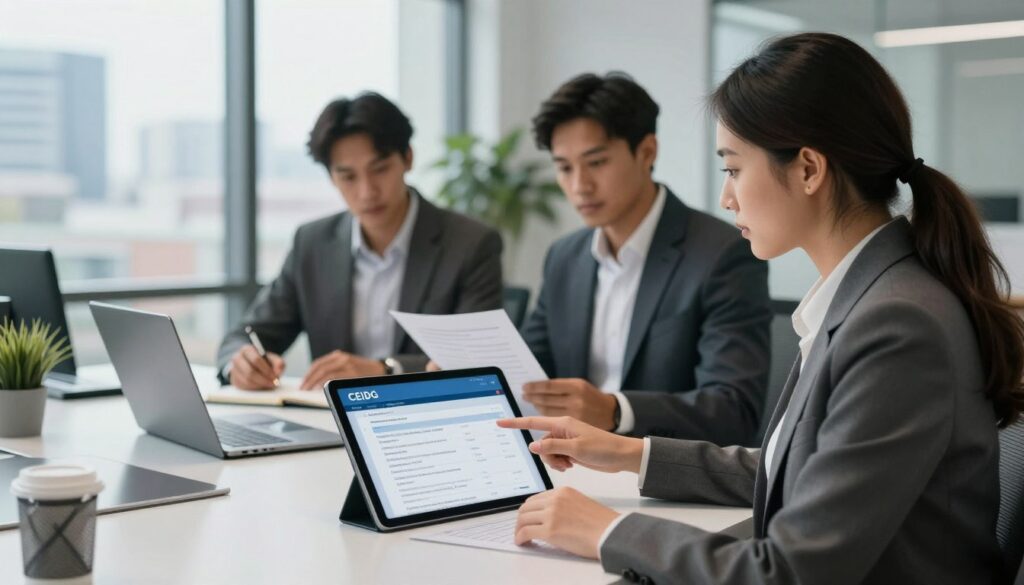 A modern office setting featuring a diverse group of professionals engaging in a meeting about business verification. In the foreground, a woman in formal business attire is pointing at a digital tablet displaying the CEIDG interface, which showcases company data. The middle ground captures two men, one typing notes on a laptop and another reviewing printed documents. The background includes a large window with a cityscape view, complemented by a sleek desk and contemporary decor. Soft, diffused lighting creates a focused atmosphere, highlighting the seriousness of the discussion. The scene suggests professionalism and collaboration, emphasizing the importance of verifying contractor information in a corporate environment. A modern office setting featuring a diverse group of professionals engaging in a meeting about business verification. In the foreground, a woman in formal business attire is pointing at a digital tablet displaying the CEIDG interface, which showcases company data. The middle ground captures two men, one typing notes on a laptop and another reviewing printed documents. The background includes a large window with a cityscape view, complemented by a sleek desk and contemporary decor. Soft, diffused lighting creates a focused atmosphere, highlighting the seriousness of the discussion. The scene suggests professionalism and collaboration, emphasizing the importance of verifying contractor information in a corporate environment.