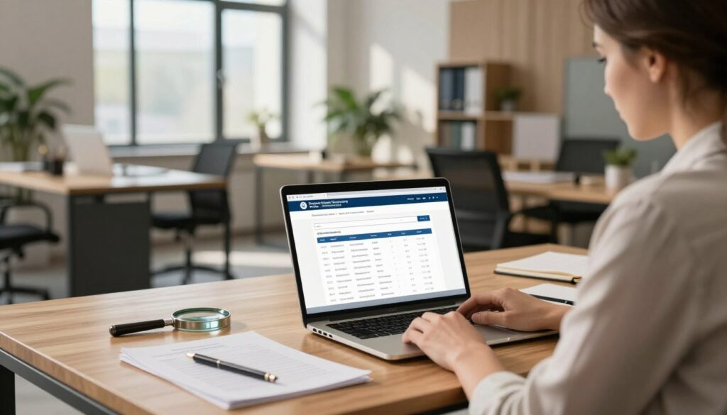 A modern office setting showcasing a professional business environment focused on corporate verification. In the foreground, a well-dressed business professional, male or female, is examining a laptop with the Krajowy Rejestr Sądowy (National Court Register) website open, displaying company registration data. The middle ground features a sleek wooden desk with paperwork, a magnifying glass, and a notepad. The background displays a contemporary office space with large windows allowing natural light to illuminate the room, casting soft shadows. The atmosphere is serious and focused, reflecting diligence and professionalism in business practices. The overall color palette is warm and inviting, with touches of green plants for a fresh look, emphasizing the importance of thorough company verification.