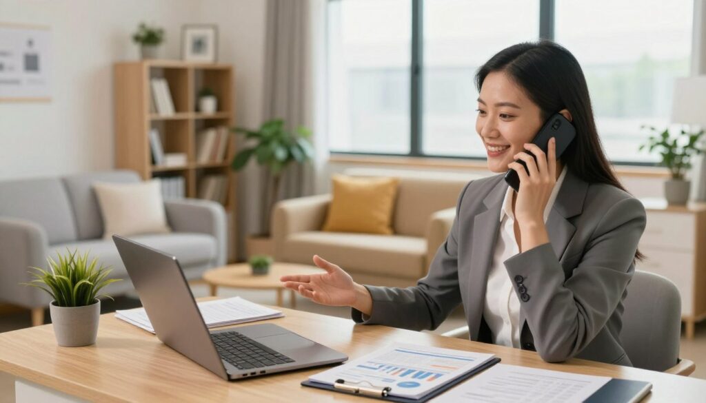 A modern private speech therapy office showcasing its financial potential. In the foreground, a well-organized desk with a laptop, financial reports, and a confident therapist in professional attire, engaged in a phone call with a client. The middle ground features a cozy, inviting therapy space with comfortable seating, bookshelves filled with educational materials, and decorative plants. The background shows a large window allowing natural light to pour in, illuminating the room. The atmosphere should feel upbeat and professional, emphasizing success and growth in the speech therapy field. Use warm, soft lighting to create a welcoming environment with a focus on financial well-being and progress. The perspective is slightly angled to draw the viewer into the space, highlighting the inviting details.