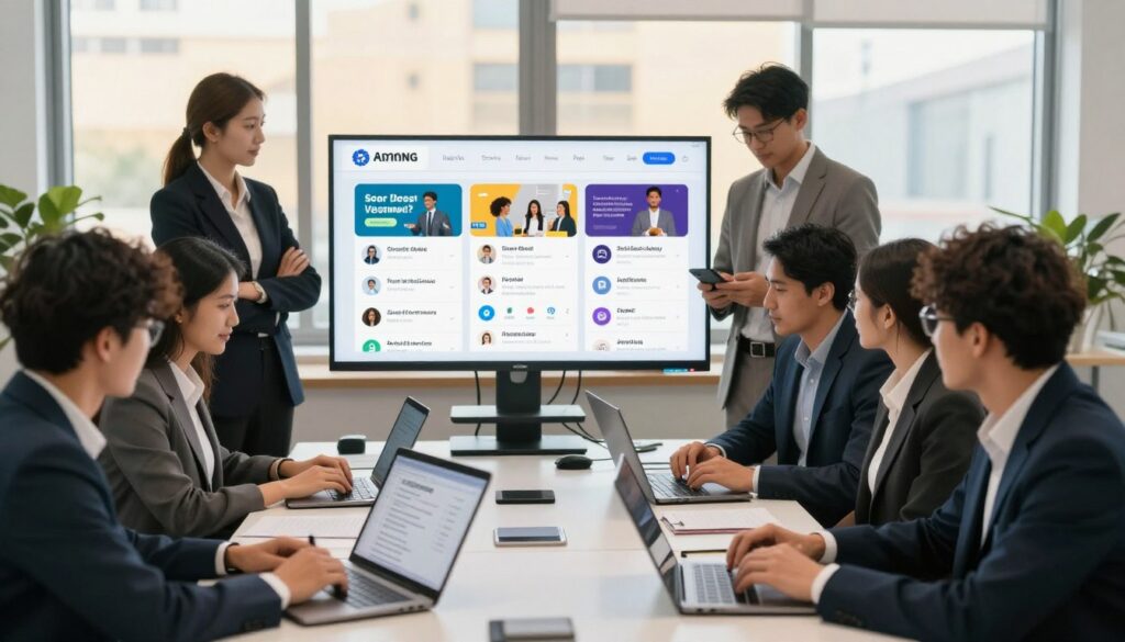 A modern, professional office environment bustling with activity. In the foreground, a diverse group of individuals wearing business attire are gathered around a large table, examining job listings on laptops and mobile devices. In the middle, a digital screen displays various job advertisements and social media posts related to job opportunities abroad, with icons of popular job portals and social media platforms. The background features large windows letting in warm, natural light, creating an inviting atmosphere. The overall mood is one of collaboration, enthusiasm, and opportunity, illustrating the search for jobs overseas. Use a wide-angle lens effect to capture the engaging scene, ensuring clarity and focus on the people’s expressions and the technology they are interacting with. A modern, professional office environment bustling with activity. In the foreground, a diverse group of individuals wearing business attire are gathered around a large table, examining job listings on laptops and mobile devices. In the middle, a digital screen displays various job advertisements and social media posts related to job opportunities abroad, with icons of popular job portals and social media platforms. The background features large windows letting in warm, natural light, creating an inviting atmosphere. The overall mood is one of collaboration, enthusiasm, and opportunity, illustrating the search for jobs overseas. Use a wide-angle lens effect to capture the engaging scene, ensuring clarity and focus on the people’s expressions and the technology they are interacting with.