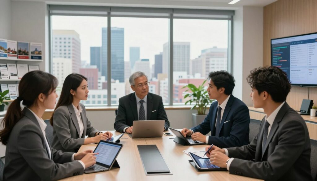 A modern real estate office scene depicting the concept of "deregulation." In the foreground, a diverse group of real estate agents in professional business attire are gathered around a sleek conference table with digital tablets and property listings, engaging in discussion. The middle ground features a large window with a panoramic view of a vibrant cityscape showcasing various buildings, representing the real estate market. In the background, shelves filled with property brochures and a large screen displaying market analytics create a sense of industry activity. Soft, natural light filters in, casting a warm glow, with a focus on clarity and professionalism. The atmosphere is collaborative and dynamic, suggesting a forward-thinking approach to real estate in a deregulated environment.
