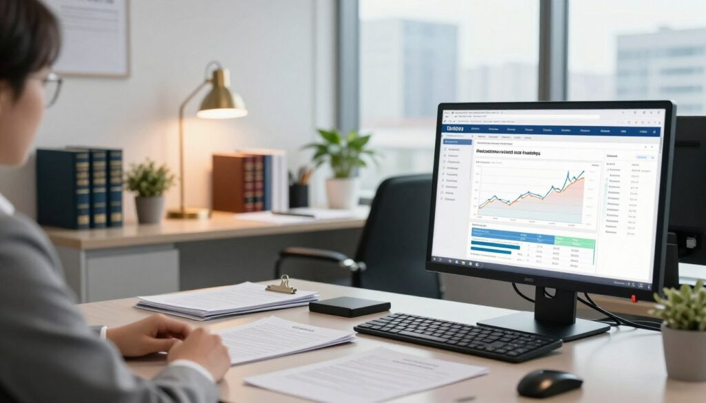 A modern, sophisticated notary office in 2026, showcasing a professional notary in business attire seated at a sleek desk with documents spread out. The foreground features a detailed view of a computer screen displaying financial graphs and cost analysis related to running a notary office, highlighting operational challenges. In the middle, a well-organized workspace with legal books, a stylish desk lamp casting warm light, and a few potted plants for a fresh touch. The background shows a large window with city views, brightening the room with natural light, conveying an atmosphere of professionalism and productivity. Aim for a clean, polished aesthetic, capturing the essence of modern legal practices and business dynamics.