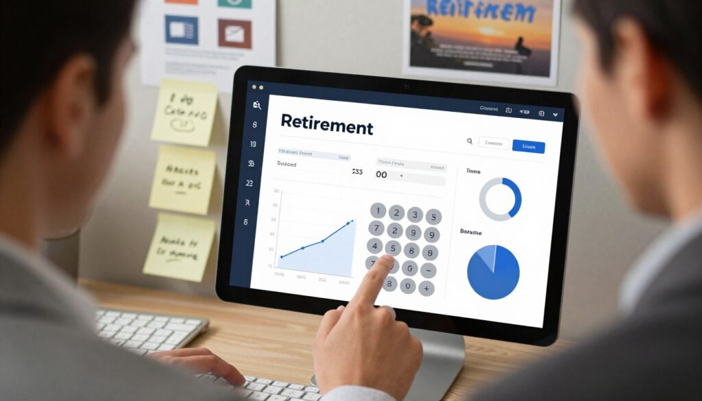 A modern, user-friendly retirement calculator interface, showcasing a sleek digital display with clear numerical outputs and graphical representations of retirement projections. The foreground features a close-up of a person in professional attire, intently examining the calculator's screen, with a focused expression. The middle ground includes elements like a keyboard and sticky notes with financial planning concepts. In the background, an office setting with warm lighting, a desk, and motivational retirement posters can be seen, creating a professional yet inviting atmosphere. The scene conveys a sense of hope and anticipation for the future, emphasizing the importance of planning for retirement through technology.
