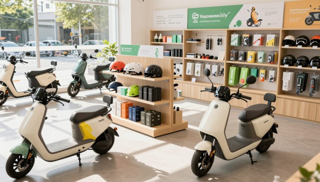 A modern, well-organized retail space showcasing a variety of products and services offered by Hobiliy, including electric scooters, accessories, and maintenance services. In the foreground, display a sleek electric scooter with eye-catching colors and detailed features. In the middle ground, arrange shelves containing helmets, battery packs, and eco-friendly accessories, all neatly labeled. The background features a stylish, minimalistic layout with promotional banners showcasing the brand’s commitment to sustainability. The lighting is bright and inviting, with natural sunlight filtering through large windows, creating a warm and positive atmosphere. Capture the scene from a slightly elevated angle to emphasize the spaciousness and variety of offerings, inviting a sense of exploration and discovery. A modern, well-organized retail space showcasing a variety of products and services offered by Hobiliy, including electric scooters, accessories, and maintenance services. In the foreground, display a sleek electric scooter with eye-catching colors and detailed features. In the middle ground, arrange shelves containing helmets, battery packs, and eco-friendly accessories, all neatly labeled. The background features a stylish, minimalistic layout with promotional banners showcasing the brand’s commitment to sustainability. The lighting is bright and inviting, with natural sunlight filtering through large windows, creating a warm and positive atmosphere. Capture the scene from a slightly elevated angle to emphasize the spaciousness and variety of offerings, inviting a sense of exploration and discovery.