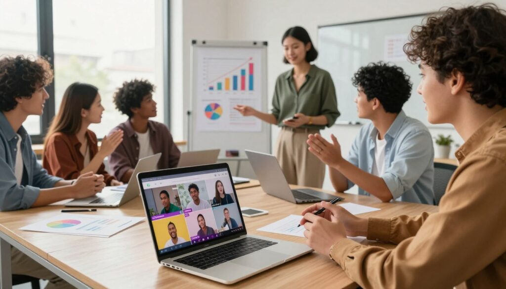 A modern workspace showcasing the concept of affiliate marketing in video formats. In the foreground, a laptop displays vibrant short video clips, highlighting engaging product promotions. Nearby, a diverse group of professionals, dressed in smart-casual attire, discuss strategies enthusiastically. In the middle ground, a whiteboard features graphs and charts illustrating potential earnings from platforms like TikTok. The background reveals a bright, inviting office environment with large windows that let in natural light, creating a productive atmosphere. The lighting is warm and soft, enhancing a collaborative vibe. Capture this scene from a slightly elevated angle to encompass the energy and creativity of marketing in action, emphasizing teamwork and innovation without any text or distractions. A modern workspace showcasing the concept of affiliate marketing in video formats. In the foreground, a laptop displays vibrant short video clips, highlighting engaging product promotions. Nearby, a diverse group of professionals, dressed in smart-casual attire, discuss strategies enthusiastically. In the middle ground, a whiteboard features graphs and charts illustrating potential earnings from platforms like TikTok. The background reveals a bright, inviting office environment with large windows that let in natural light, creating a productive atmosphere. The lighting is warm and soft, enhancing a collaborative vibe. Capture this scene from a slightly elevated angle to encompass the energy and creativity of marketing in action, emphasizing teamwork and innovation without any text or distractions.
