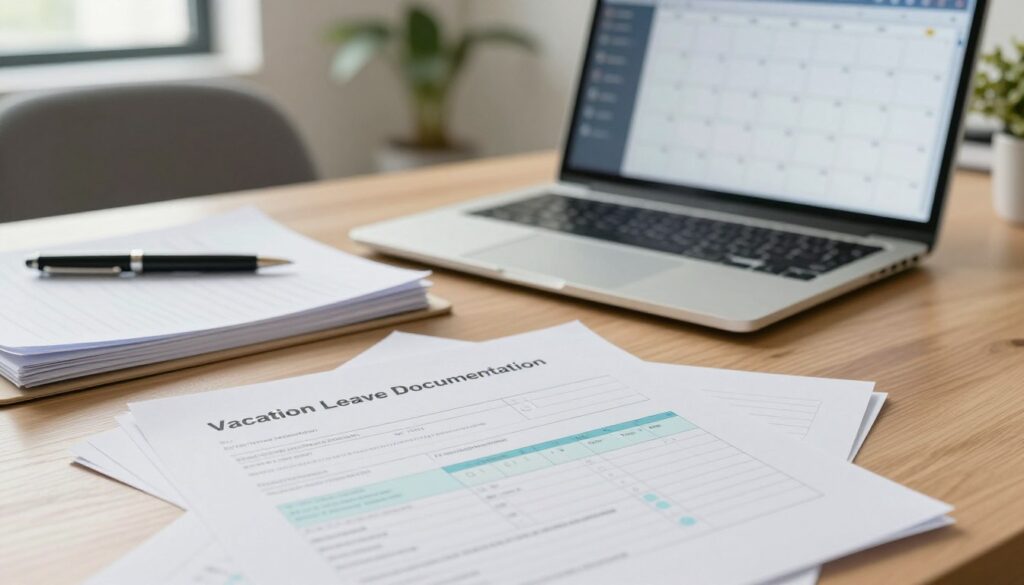 A neatly organized workspace featuring a close-up of a desk with essential documents spread out. In the foreground, a detailed leave request form titled "Vacation Leave Documentation" is prominently displayed, with highlighted sections and checkboxes. The middle ground shows a sleek laptop open to a calendar app, with dates marked for planned vacations. Papers are neatly stacked with a professional pen resting atop. The background features soft-focus office elements like a modern chair and houseplant, contributing to a calm atmosphere. Natural light streams in from a window, creating a warm and inviting mood. Overall, the image conveys professionalism and clarity necessary for understanding vacation leave documentation in a workplace context.