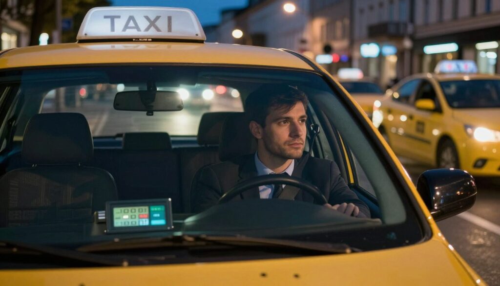 A nighttime urban scene with a focus on a taxi driver sitting in his yellow vehicle, wearing professional attire. The foreground features the taxi's illuminated interior, highlighting a fare meter displaying earnings. In the middle ground, the driver is looking thoughtfully out the window, reflecting on his work. The background showcases a bustling city street with blurred lights from other taxis and buildings to convey a vibrant atmosphere. The scene is illuminated by streetlights and the soft glow of neon signs, creating a warm, inviting mood. The angle is slightly from above, capturing both the driver and the lively street to emphasize the context of his earnings in the Polish taxi industry.