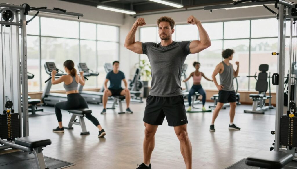 A personal trainer stands confidently in a modern gym, surrounded by various fitness equipment, symbolizing success and professionalism. In the foreground, the trainer, a fit individual in a smart athletic outfit, offers a motivational pose, exuding energy and authority. The middle ground features clients engaged in personal training sessions, showcasing diverse demographics actively working out. The background is a bright, airy gym space, flooded with natural light from large windows, creating an uplifting atmosphere. Use a wide-angle lens to capture the dynamic environment, with soft, focused lighting enhancing the warmth. The overall mood is inspiring, emphasizing hard work and the journey towards financial success in the personal training business. A personal trainer stands confidently in a modern gym, surrounded by various fitness equipment, symbolizing success and professionalism. In the foreground, the trainer, a fit individual in a smart athletic outfit, offers a motivational pose, exuding energy and authority. The middle ground features clients engaged in personal training sessions, showcasing diverse demographics actively working out. The background is a bright, airy gym space, flooded with natural light from large windows, creating an uplifting atmosphere. Use a wide-angle lens to capture the dynamic environment, with soft, focused lighting enhancing the warmth. The overall mood is inspiring, emphasizing hard work and the journey towards financial success in the personal training business.