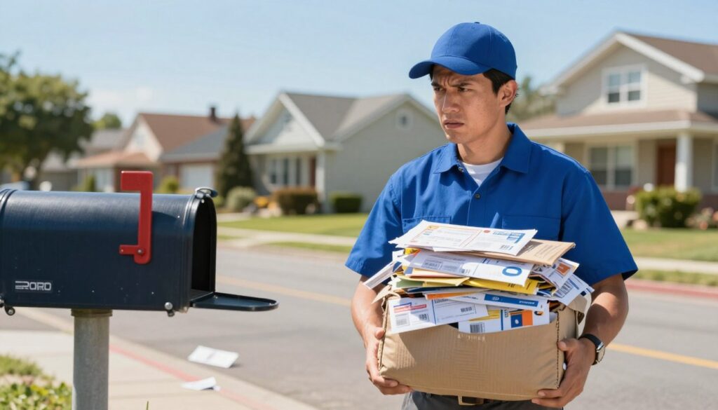 A postal worker in a professional uniform, standing on a busy suburban street, faces challenges in their daily routine. The foreground features the postal worker looking concerned while holding a heavy bag filled with mail, symbolizing the weight of their responsibilities. In the middle ground, a slightly blurred view of residential houses, with a few scattered letters on the ground, illustrates the hectic environment. A mailbox can be seen partially open, suggesting a backlog of deliveries. The background is a bright, sunny day with a clear blue sky, emphasizing the contrast between the cheerful weather and the postal worker's challenges. Soft, natural lighting highlights the worker’s expression, capturing a moment of determination amidst chaos. The overall mood conveys a sense of perseverance in the face of daily trials.