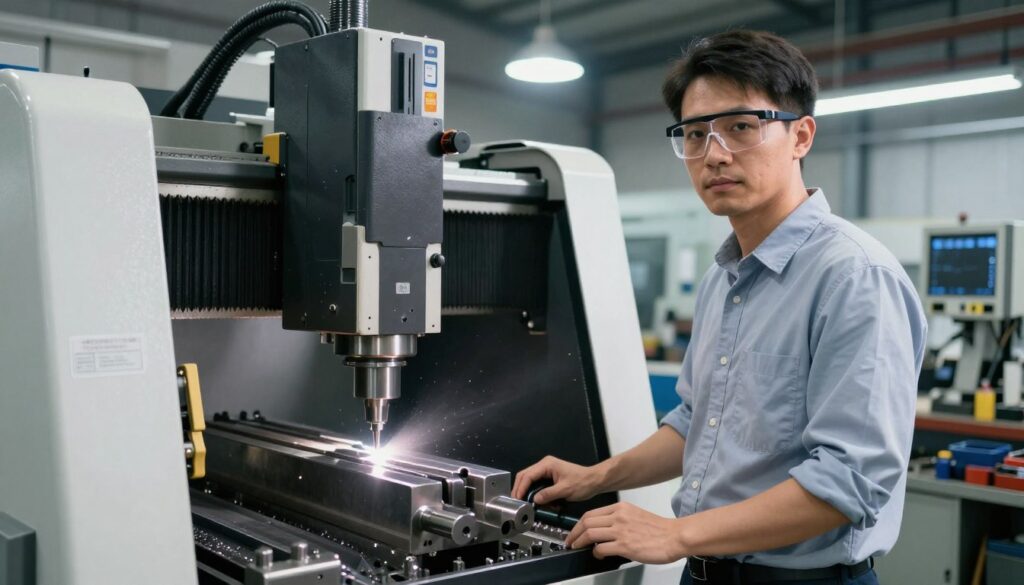 A professional CNC operator standing confidently in a modern workshop, focused on a CNC machine at work. The foreground features the operator wearing protective glasses and business casual attire, showcasing a serious yet engaged expression. In the middle ground, the CNC machine is actively cutting a piece of metal, with precision tools and equipment scattered around, indicating a dynamic work environment. The background reveals bright overhead lights illuminating the space, casting soft shadows that enhance the industrial mood. A variety of machinery and tools are visible, emphasizing both domestic and foreign technology influences. The atmosphere reflects professionalism and dedication, capturing the essence of CNC operator work while hinting at the context of salary comparison.