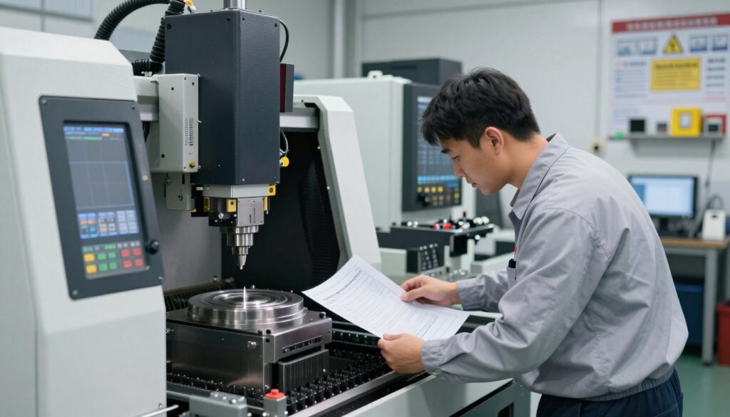 A professional CNC operator working diligently in a modern workshop, surrounded by sophisticated CNC machines. In the foreground, the operator, dressed in a clean, modest uniform, leans over a CNC milling machine, intently examining a blueprint. The middle ground showcases a variety of high-tech CNC machines in action, with cutting tools and materials visible, under bright, even lighting. The background features a well-organized workspace with safety equipment and efficiency posters on the walls, accentuating a focused work atmosphere. The scene captures an industrious mood, highlighting the precision and skill involved in CNC operation, with a depth of field that softly blurs the background, keeping the focus on the operator and machines.