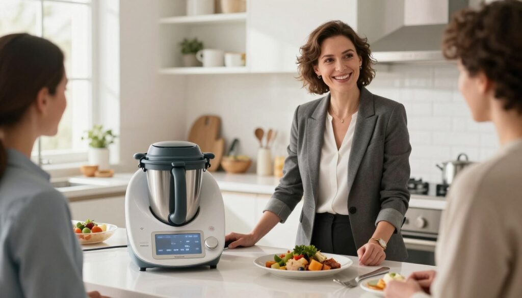 A professional Thermomix representative stands confidently in a modern kitchen, showcasing the sleek Thermomix appliance on a stylish countertop. The foreground features a clear view of the representative, dressed in smart business attire, engaging with an interested customer. In the middle ground, a beautifully prepared dish made with the Thermomix highlights its culinary capabilities, while the background presents a bright, organized kitchen setting, with sunlight pouring in through large windows. The atmosphere is warm and inviting, emphasizing a sense of professionalism and innovation. The lighting is soft and natural, creating a friendly and approachable ambiance. The image should be captured with a slight depth of field, bringing focus to the representative and the Thermomix.