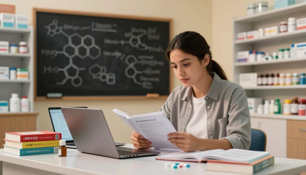 A professional and ambitious pharmacy student in a modern university classroom, intently studying pharmacy textbooks and taking notes on a laptop. In the foreground, a cluttered desk filled with colorful books on pharmaceuticals and a laptop displaying educational resources. In the middle ground, a large blackboard filled with diagrams of chemical structures and pathways. The background features shelves lined with pharmaceutical jars and equipment, creating an academic atmosphere. Warm, inviting lighting casts a soft glow over the scene, enhancing a sense of focus and determination. The student is dressed in smart casual clothing, embodying the pursuit of knowledge in the pharmacy field. The overall mood is one of inspiration and dedication to career advancement in pharmacy.