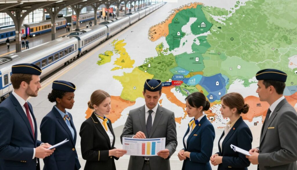 A professional and informative illustration depicting a comparison of train conductor salaries across various European countries. In the foreground, show a diverse group of train conductors dressed in professional business attire, engaged in discussion and reviewing a chart or infographic highlighting salary differences. The middle layer features a vibrant map of Europe with various countries marked, accompanied by icons representing different salary tiers. In the background, capture the essence of a bustling train station, filled with trains and passengers, subtly hinting at the transportation industry. Use natural lighting to emphasize a productive atmosphere, and utilize a slight aerial angle to showcase both the conductors and the map, creating a sense of depth and engagement. The overall mood should be professional yet dynamic, reflecting the importance of the subject.