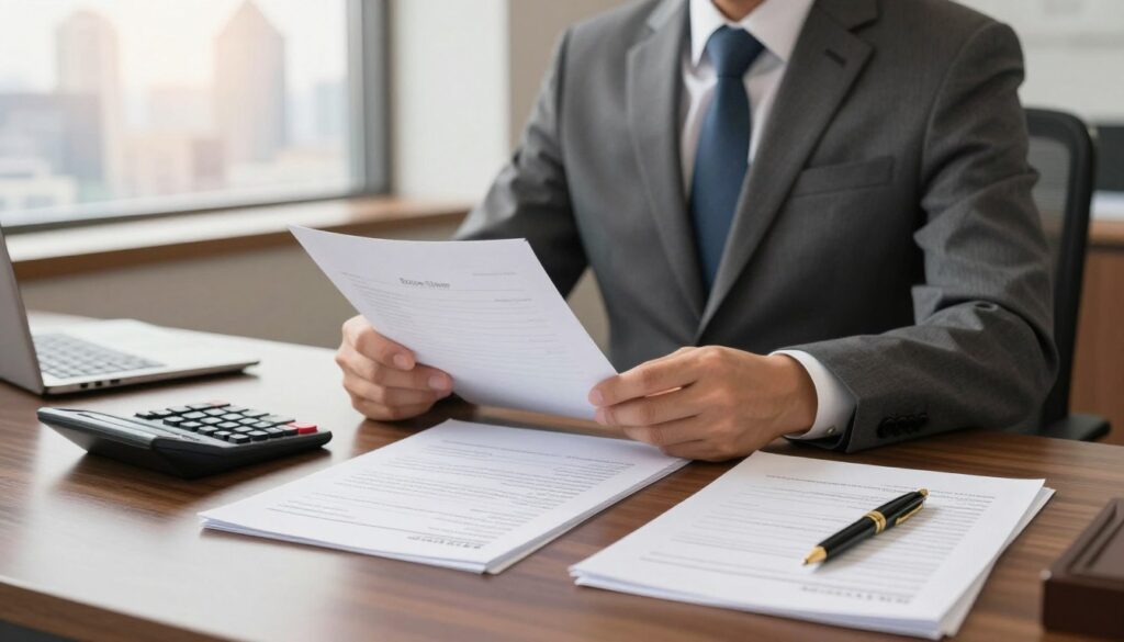 A professional and informative illustration depicting the components of a city mayor's salary. In the foreground, an elegant desk filled with neatly arranged documents outlining salary components like base salary, bonuses, allowances, and benefits. A polished calculator and a stylish pen rest beside the papers, highlighting the financial aspect. In the middle ground, a confident city mayor in a tailored business suit analyzes the documents, projecting authority and professionalism. The background features a blurred city skyline through a large window, suggesting the importance of municipal leadership. Soft, warm lighting creates an inviting atmosphere, emphasizing the professionalism of the office environment while conveying a sense of trust and responsibility in public service.