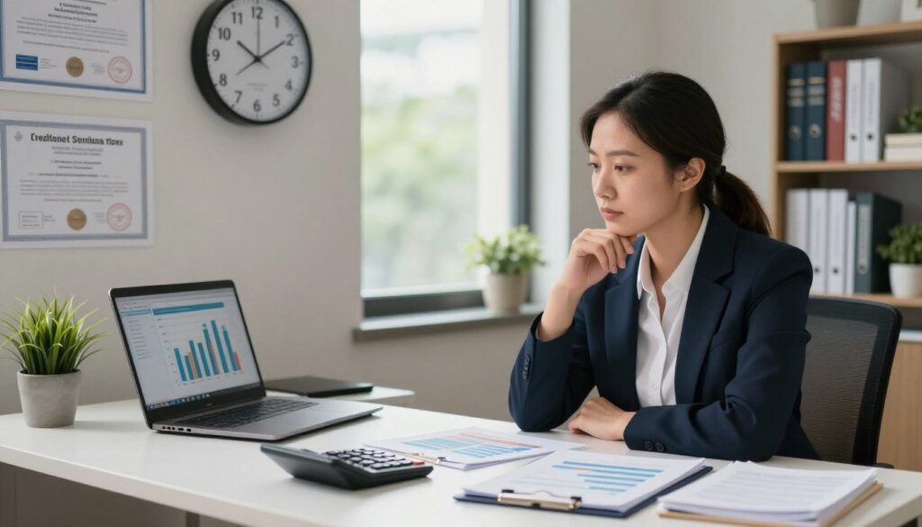 A professional and well-organized workspace depicting factors influencing therapist salaries. In the foreground, a thoughtful therapist in professional business attire, seated at a desk cluttered with various items like a calculator, salary graphs, and a laptop displaying a chart. In the middle ground, various objects symbolizing the profession, such as certifications on the wall, a clock showing different time zones for remote therapy sessions, and a bookshelf filled with psychotherapy literature. The background highlights a calming office atmosphere with large windows letting in soft natural light, greenery outside, and neutral-colored walls. The overall mood is one of professionalism and introspection, inviting the viewer to consider the economic impacts on therapy practice. A professional and well-organized workspace depicting factors influencing therapist salaries. In the foreground, a thoughtful therapist in professional business attire, seated at a desk cluttered with various items like a calculator, salary graphs, and a laptop displaying a chart. In the middle ground, various objects symbolizing the profession, such as certifications on the wall, a clock showing different time zones for remote therapy sessions, and a bookshelf filled with psychotherapy literature. The background highlights a calming office atmosphere with large windows letting in soft natural light, greenery outside, and neutral-colored walls. The overall mood is one of professionalism and introspection, inviting the viewer to consider the economic impacts on therapy practice.
