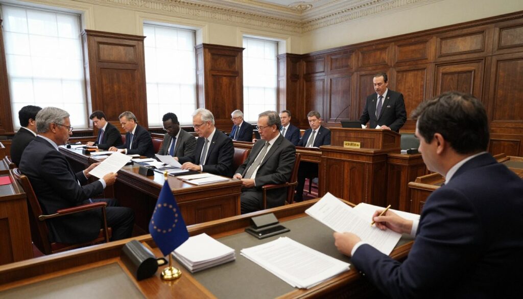 A professional assembly room filled with parliamentary desks and a large podium. In the foreground, a neatly arranged desk adorned with a stack of official documents, a gold pen, and a small flag. In the middle, a group of parliament members in professional business attire, engaged in a discussion or reviewing financial reports, reflecting seriousness and professionalism. The background features large windows letting in soft, natural light, highlighting the classical architecture of the room with elegant wood paneling and ornate ceilings. The atmosphere is formal and attentive, evoking the importance of legislative discussions around parliamentary earnings and responsibilities. The camera angle captures the scene from a slightly elevated perspective, focusing on the interaction between the members.