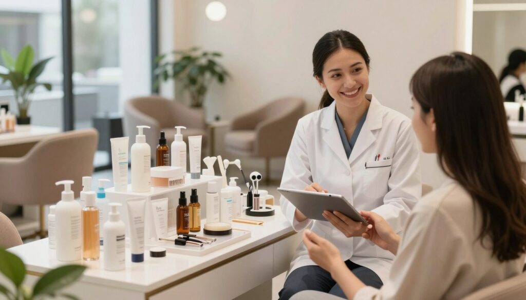 A professional beautician in a modern salon setting, showcasing various elements influencing income. In the foreground, a well-dressed cosmetologist with a friendly smile consulting with a client, using a tablet. In the middle ground, a display of skincare products and tools neatly organized on a stylish counter. In the background, large windows with natural light filtering in, illuminating the workspace filled with elegant furniture and decorative plants. The scene has a warm, inviting atmosphere, reflecting professionalism and creativity. The lighting is soft and balanced, creating a welcoming ambiance. The view is captured from a slightly elevated angle to encompass both the interaction and the salon environment.