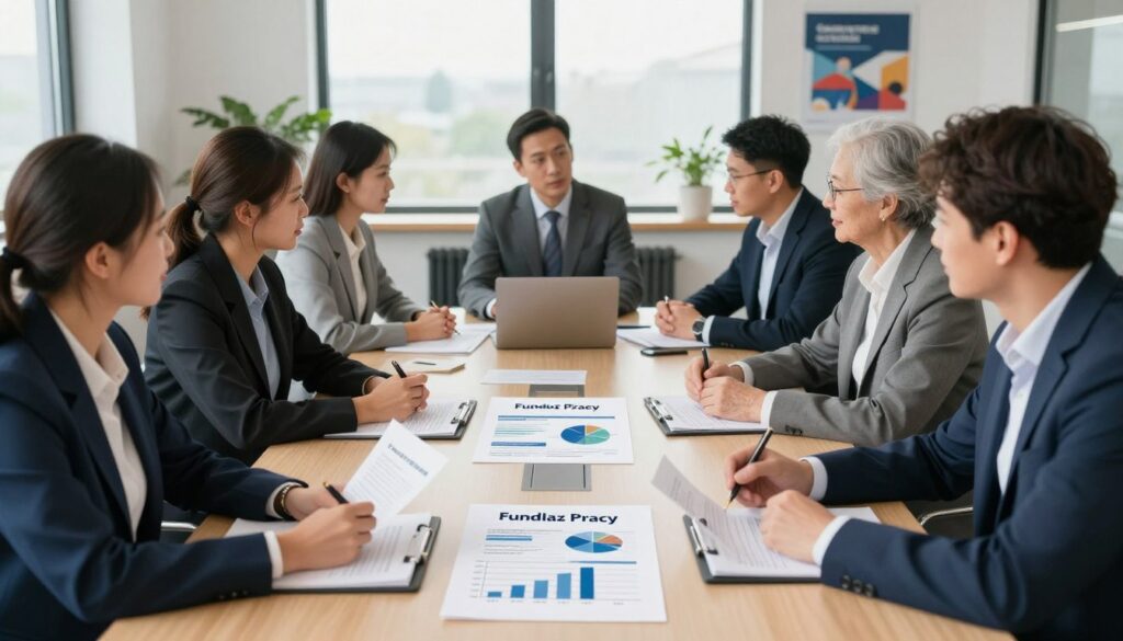 A professional business meeting room, with a large conference table at the center, illuminated by soft, natural lighting from large windows. In the foreground, a diverse group of professionals in business attire discusses documents related to the "Fundusz Pracy," with graphs of age-related exemptions prominently displayed on the table. In the middle ground, there are charts and infographics about social security contributions, emphasizing the age exemption topic. The background features a modern office design, with plants and motivational posters subtly enhancing the atmosphere. The image captures a collaborative and insightful mood, showcasing engagement with the subject matter and the importance of understanding employment fund policies.