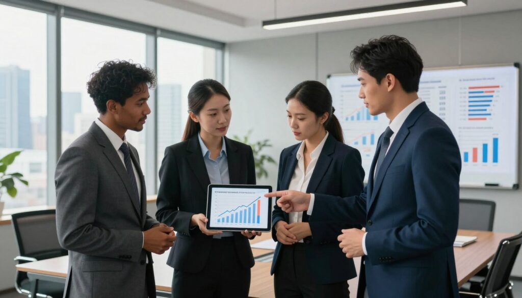 A professional business scene illustrating the differences in logistics salaries across various career levels. In the foreground, a diverse group of three professionals in business attire stands confidently; one points to a digital tablet displaying fluctuating salary graphs, while the other two analyze data. The middle ground features a modern office setting with large windows revealing a city skyline, casting natural light that enhances the lively atmosphere. In the background, a sleek conference room showcases a whiteboard filled with graphs and salary comparisons. The overall mood conveys motivation and ambition, emphasizing the importance of career growth in logistics. The image should have a balanced composition, with a focus on the professionals and their interactive discussion, utilizing a wide-angle lens to capture the depth of the scene. A professional business scene illustrating the differences in logistics salaries across various career levels. In the foreground, a diverse group of three professionals in business attire stands confidently; one points to a digital tablet displaying fluctuating salary graphs, while the other two analyze data. The middle ground features a modern office setting with large windows revealing a city skyline, casting natural light that enhances the lively atmosphere. In the background, a sleek conference room showcases a whiteboard filled with graphs and salary comparisons. The overall mood conveys motivation and ambition, emphasizing the importance of career growth in logistics. The image should have a balanced composition, with a focus on the professionals and their interactive discussion, utilizing a wide-angle lens to capture the depth of the scene.