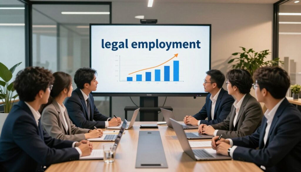 A professional business setting depicting the concept of "legal employment." In the foreground, a diverse group of business professionals, dressed in tailored suits and smart casual attire, are engaged in a discussion around a conference table filled with documents and laptops. In the middle, a large window provides natural light, highlighting graphs and charts on the table that symbolize career growth and stability. The background shows a modern office space with glass walls and green plants, creating a vibrant and dynamic atmosphere. The lighting is warm and inviting, with soft shadows that emphasize collaboration and professionalism. The overall mood conveys optimism and focus, reflecting the importance of legal employment for future benefits.