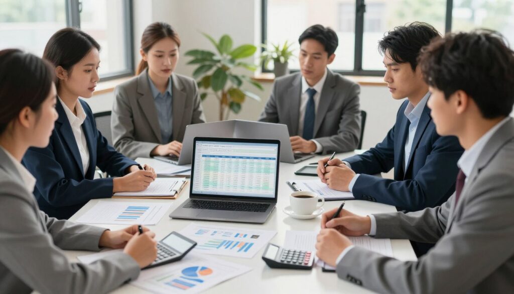 A professional business setting showcasing the costs of running a small business. In the foreground, a diverse group of professionals dressed in smart business attire, engaged in a discussion around a conference table covered with documents, calculators, and financial charts. In the middle, a laptop displaying a budget spreadsheet and a cup of coffee, symbolizing the everyday tools of a representative. In the background, a well-lit office environment with large windows allowing natural light to pour in, plants adorning the room for a touch of warmth. The atmosphere should feel focused and productive, reflecting the seriousness of managing business expenses. The angle should be slightly elevated to capture both the participants and the workspace, emphasizing collaboration and management.