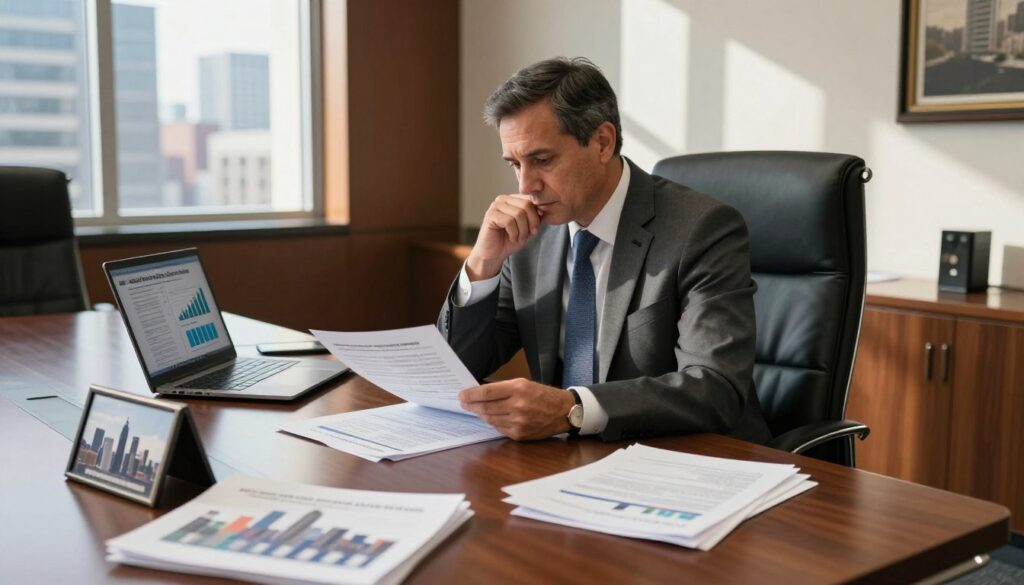 A professional city mayor seated at a large conference table in an elegantly decorated office, reviewing financial documents with a thoughtful expression. The office is well-lit with sunlight streaming through large windows, showcasing a bustling cityscape in the background. On the table, piles of papers and a laptop display a variety of income sources, including graphs and charts. In the foreground, a framed picture of the city’s skyline emphasizes the mayor’s connection to the community. The atmosphere is serious and contemplative, conveying the weight of financial decisions on public service. The mayor is dressed in a tailored suit, embodying professionalism and authority. The image captures the essence of financial responsibility and governance, focusing on additional sources of income while maintaining a safe and respectful portrayal.