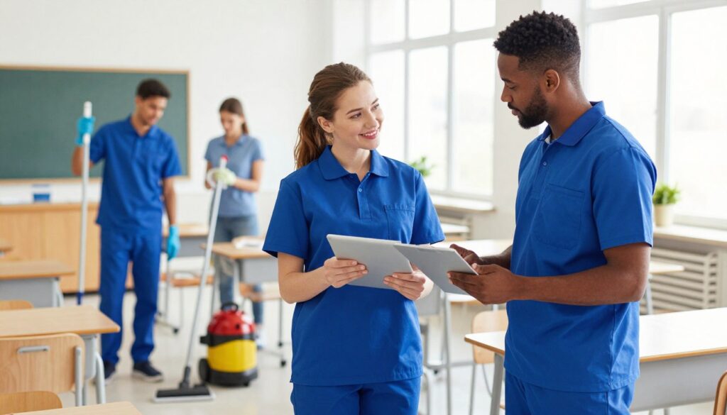 A professional cleaning environment showcasing various factors affecting a cleaner's salary. In the foreground, a diverse group of two cleaners in smart uniforms, discussing wages, benefits, and working conditions. The middle ground has a well-organized school environment with classrooms and cleaning tools like mops and vacuum cleaners, symbolizing hygiene and professionalism. The background features a bright classroom with natural light streaming through large windows, creating an inviting atmosphere. The image focuses on clarity and detail, with a slight depth of field to emphasize the professionals in the foreground. The overall mood is hopeful and focused, reflecting the importance of fair compensation in essential jobs.