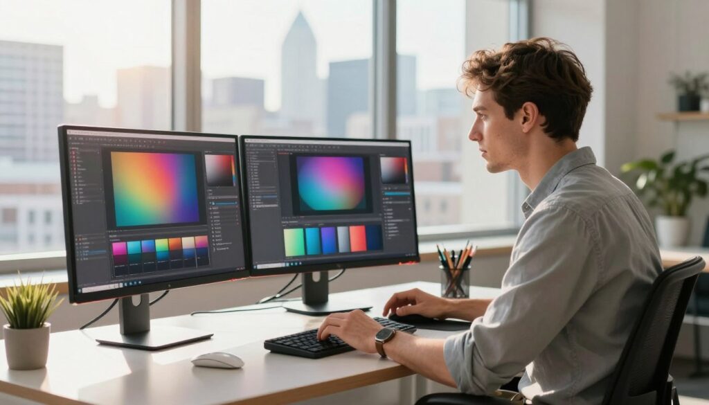 A professional computer graphic designer focused on their work, seated at a modern workspace. The foreground features a stylish desk with dual monitors displaying vibrant design software, graphic elements, and color palettes. The middle ground showcases the designer, a young Caucasian male, dressed in smart casual attire, intently analyzing his work. Behind him, a large window reveals a bright, sunny city skyline, adding a dynamic atmosphere. Natural light spills into the room, creating a warm, inviting glow. The mood conveys creativity and productivity, capturing the essence of a successful designer's career progression. Ensure the scene is free from any text, captions, or watermarks.