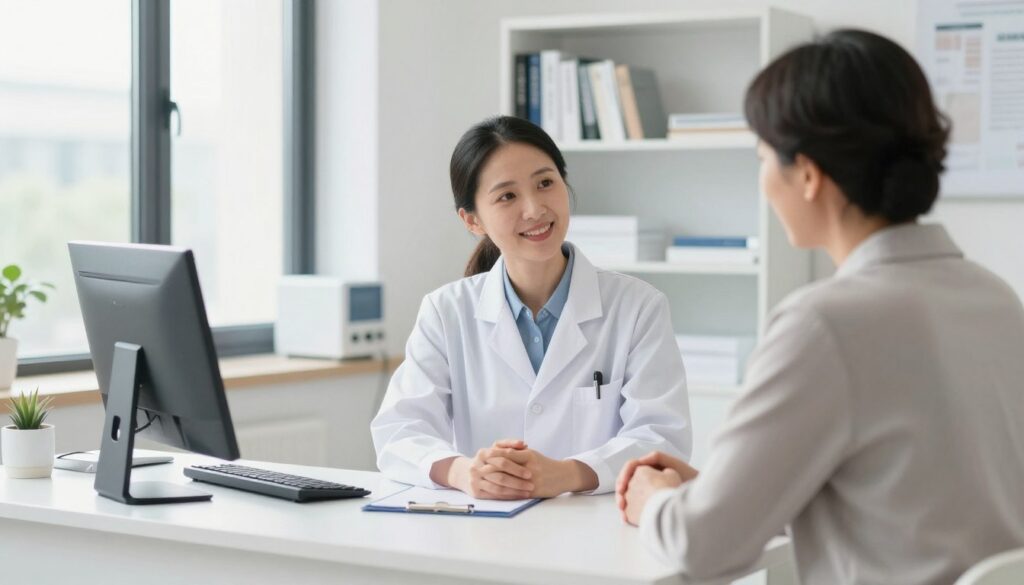 A professional, confident dermatologist is sitting at a modern desk, engaged in a thoughtful discussion with a patient in a bright, minimalist clinic. The dermatologist, dressed in a smart white coat and professional attire, exudes warmth and empathy, reflecting the essential soft skills for patient interactions. The patient, a middle-aged individual, listens attentively, showcasing a collaborative atmosphere. In the background, there are shelves filled with dermatology books and medical equipment, hinting at a well-rounded practice. Soft, natural daylight filters through large windows, casting a calm and inviting glow throughout the room. The angle captures the intimacy and professionalism of the consultation, emphasizing the importance of soft skills in dermatology practice.