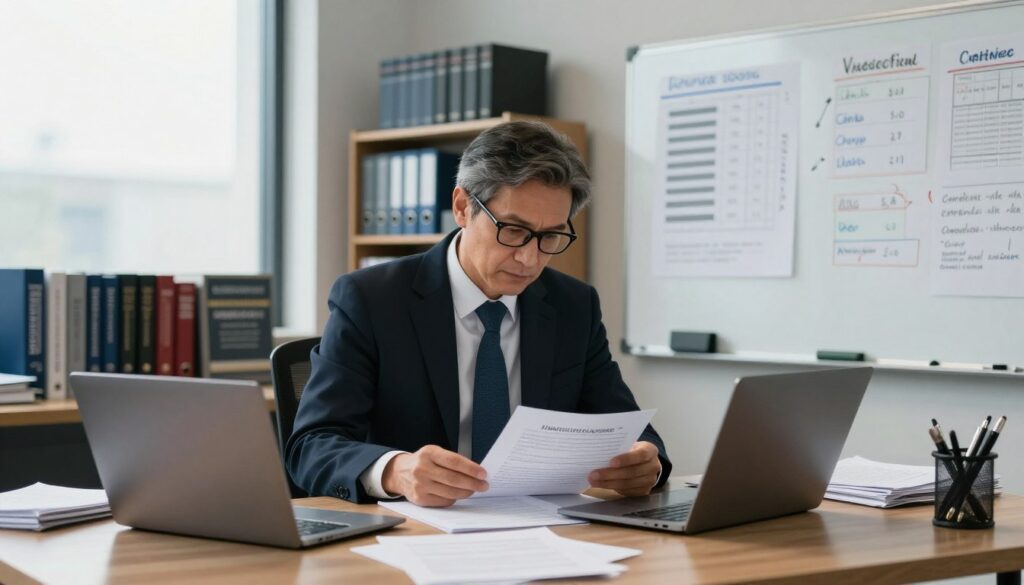 A professional criminologist in an office setting, surrounded by various law enforcement and investigative tools. In the foreground, the criminologist, a middle-aged individual in professional attire, is analyzing case files on a desk strewn with papers, a laptop open beside them. The middle ground features a whiteboard filled with crime statistics and notes, indicating ongoing research. In the background, shelves display criminology textbooks and forensic manuals, while a large window lets in soft, natural light that creates a focused atmosphere. The scene conveys a sense of determination and intellectual rigor, emphasizing the challenges of the profession. The composition should be shot from a slightly angled perspective, highlighting the active engagement of the criminologist with their work.